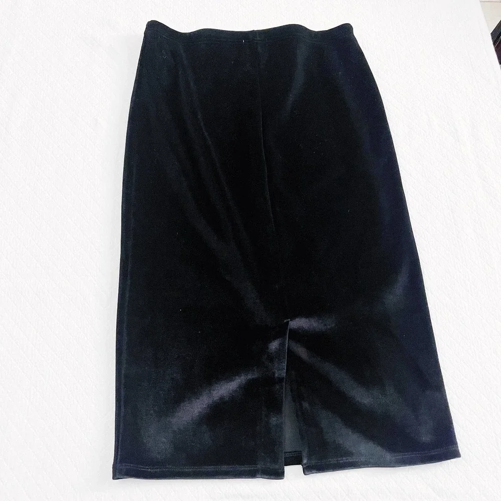 Leith Black Velvet Stretchy Pencil Skirt Backslit SZM